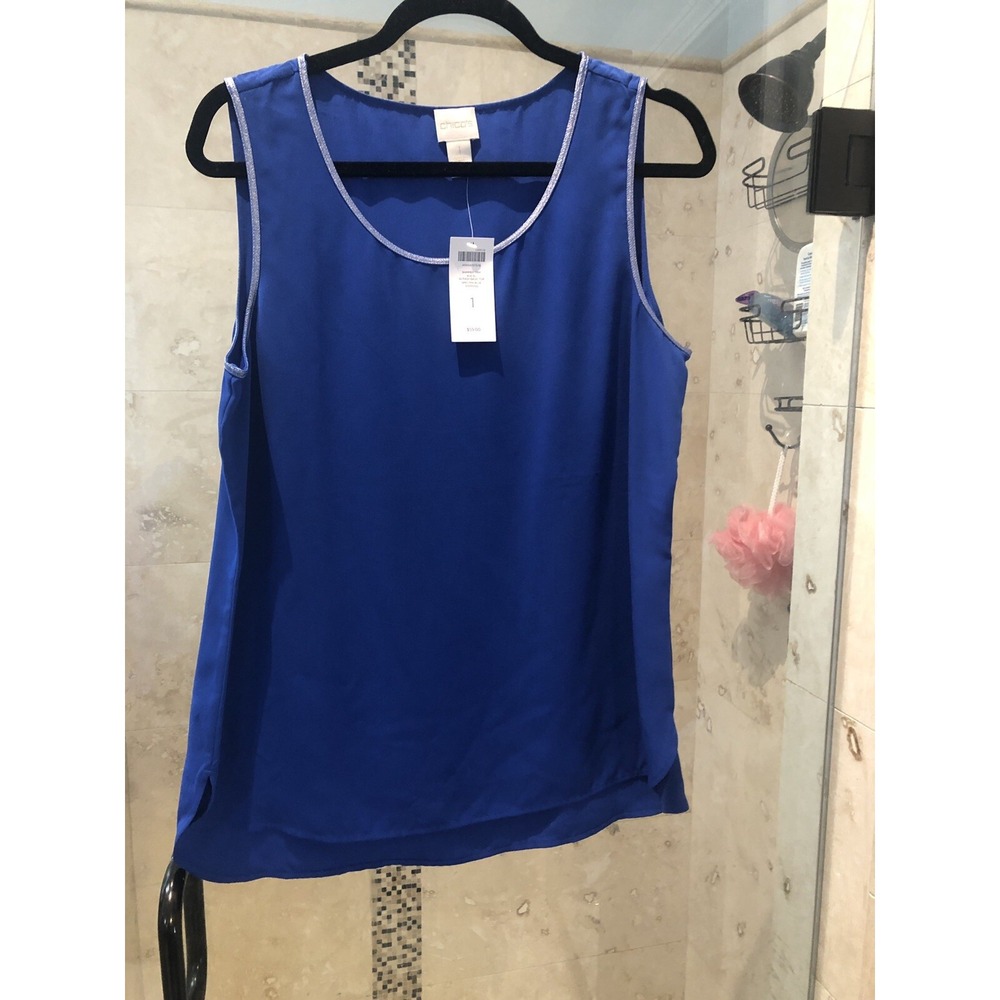 New CHICO'S 1 Tank Top Blue Silver Embellished Neck 8 Medium Blouse Chicos